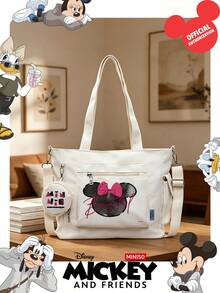 Miniso Set 2 Buah Tas Tote Putih Motif Siluet Minnie Mouse Disney dengan Pita, Dilengkapi Dompet Koin, Ideal untuk Kerja, Perjalanan, dan Belanja - Putih - View 2