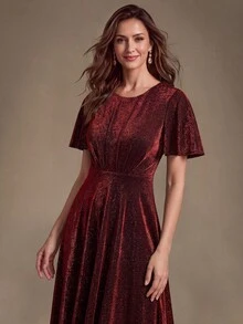 EVERPRETTY 優雅女款酒紅色晚宴婚禮賓客中長洋裝，金屬線閃亮百褶腰 A 字裙，新娘母親禮服 - 酒紅色 - 查看 2
