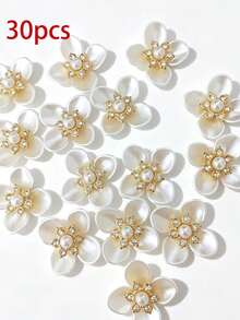 30pcs Faux Pearl Rhinestone Decorated Flower Design Hat Dress Decorative Buttons DIY Handmade Craft Accessories - Four-petal Flower - View 6