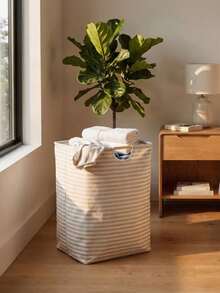 Foldable Striped Fabric Laundry Basket, Large Capacity Storage Bin With Wooden Handle, Suitable For Bedroom, Bathroom And Closet Storage - Multicolor - View 1