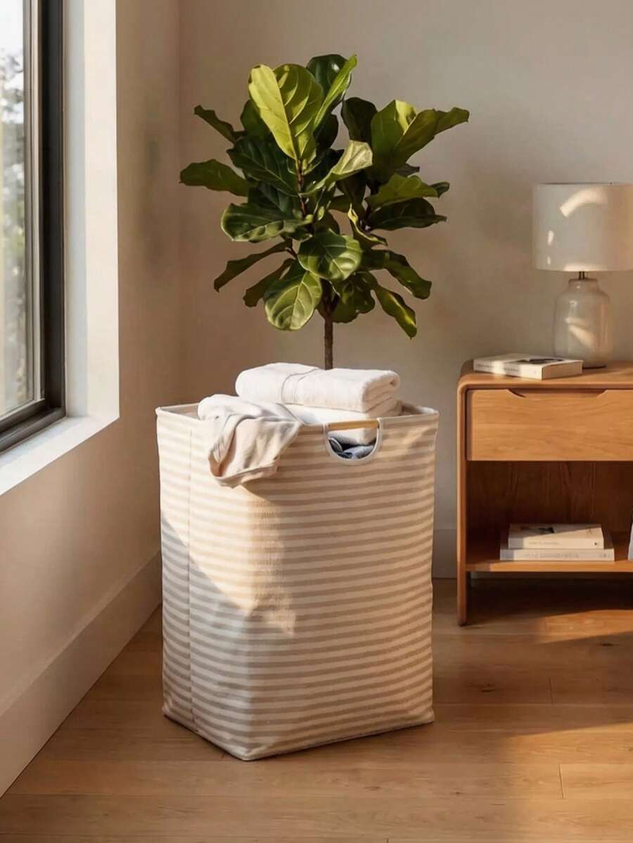 Foldable Striped Fabric Laundry Basket, Large Capacity Storage Bin With Wooden Handle, Suitable For Bedroom, Bathroom And Closet Storage - Multicolor - View 1