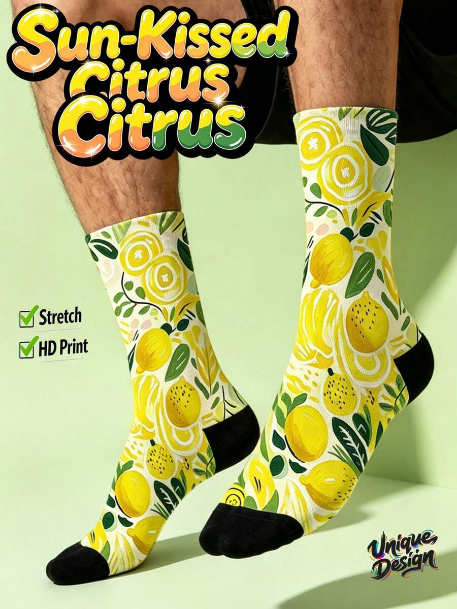 Cool 360° Printed Men's Socks - Streetwear Socks,Strawberry,Blueberry,Raspberry,Lemon,Colorful,Funny Socks, Fit Daily, Holiday & Party Occasions - Yellow - View 1