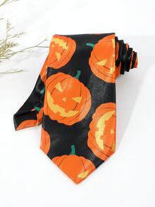 1Pc Men Black Orange Pumpkin Print Soft Fabric Novelty Halloween Necktie For Party Holiday Costume - Multicolor - View 4