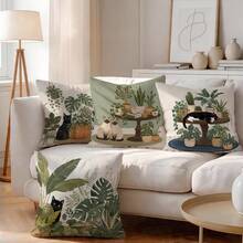 4pcs/1pc Green Plant Cat Pattern Pillow Case Without Insert, Single-Sided Printed Pillow Case, Suitable For Living Room Bedroom Home Decor, All-Season Pillow Case - Multicolor - View 2