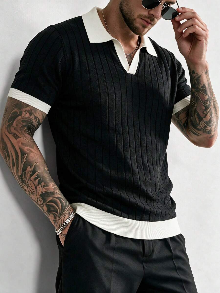 ALTZTAR Men's Commuter Contrast Collar Ribbed Knit Sweater, Casual Fashion Suitable For Outdoor Wear - Black - View 1
