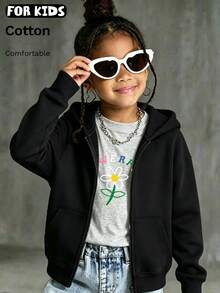 Children's 2 Pieces Set, Zipper Hoodie And Bright Letter Daisy Short Sleeve T-Shirt Pure Cotton Outfit - Black + Grey - View 2