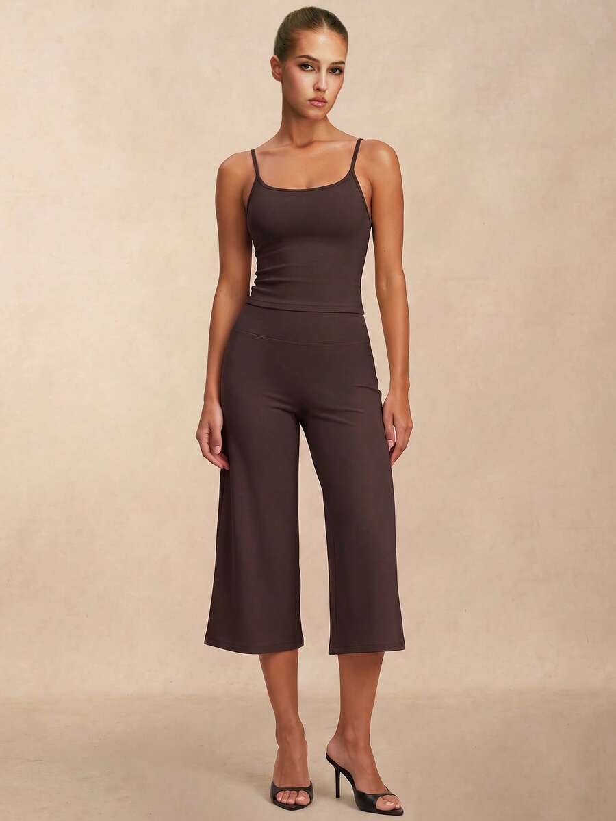VVX Capris Legging Two Pieces Set For Women Slim Fit With Side Pleat Design, Casual And Slimming Sports Yoga Outfit - Brown - View 1