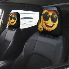 2pcs Yellow Cartoon Smiling Face Headrest Covers, Cap Style, Universal Fit, Washable And Easy To Install, Suitable For Road Trips. Perfect Car Interior Decoration And Ideal Choice For Seat Cover Protection. - [Double-sided Printing]2pcs - View 2