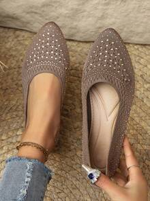 Khaki Rhinestone Low Vamp Slip-On Low Heel Breathable Casual Mom Shoes For Women Autumn Commute - Khaki - View 1