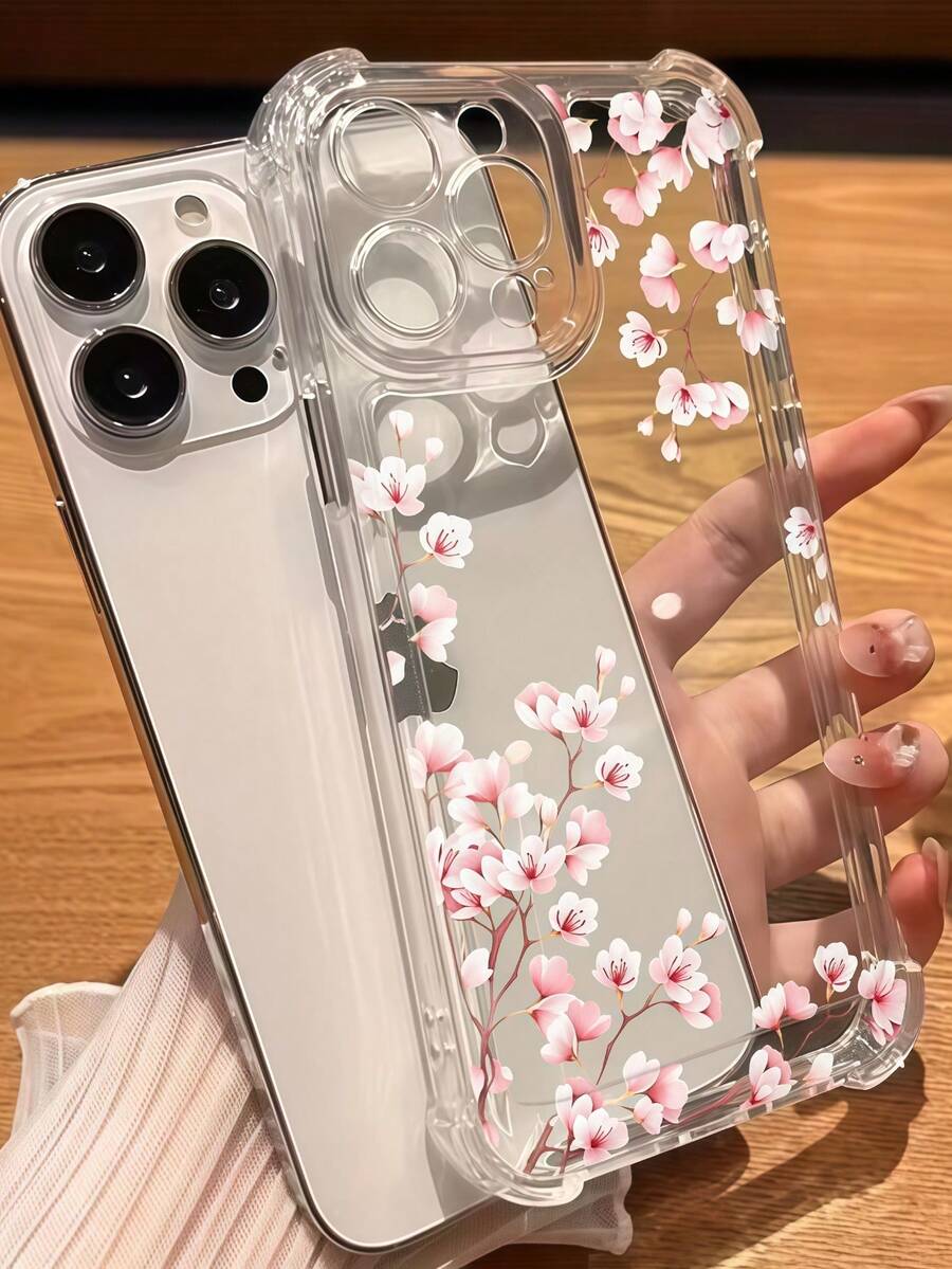 1pc Transparent Four-Corner Flower Phone Case Pink Cherry Blossom Pattern Soft Shell, Minimalist Cute Anti-Drop Protective Cover, Suitable For GALAXY, HONOR, Phones - Clear - View 1