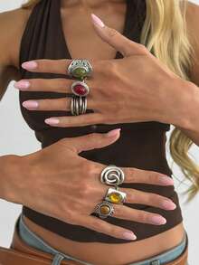 6pcs/Set Bohemian Style Geometric Hollow Carved Inlaid Faux Gemstone Multi-Layer Wrapped Stackable Rings, Elegant & Luxurious, Suitable For Daily Casual, Party, Gathering, Vacation, Travel, Couple Date, Women's Holiday Birthday Versatile Jewelry Ring Gift - Ring - View 1