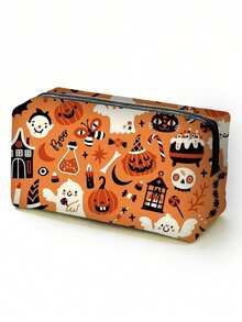 Fun Halloween Pattern Multi-Function Storage Bag, Portable Storage Pouch, Student Desk Stationery Pencil Case, Holiday Gift - Orange - View 7