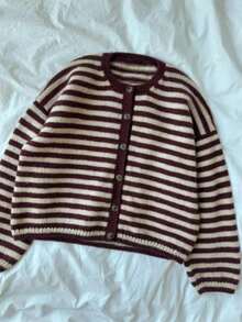 Áo khoác len cardigan nữ dáng ngắn phong cách Hàn Quốc vintage kẻ sọc, tay dài, cổ tròn, cài nút đơn, kiểu áo dệt kim - Màu hỗn hợp - Xem 2