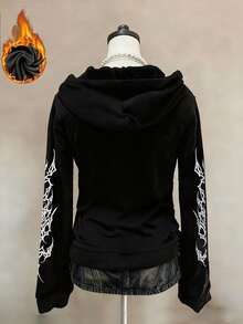 American High Street Dark Style Hooded Zip-Up Sweatshirt Women Y2K Punk Thorn Skull Print Jacket - Black - View 2