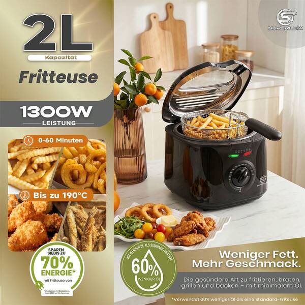 SUPERLEX Fritteuse 2L, Elektrische Mini-Fritteuse,mit Sichtfenster, abnehmbarem Stahlfrittierkorb, antihaftbeschichtetem Ölbehälter, rutschfester Bodenkonstruktion, leicht zu reinigen. Geeignet für den Einsatz in Haushaltsküchen und Wohnungen., Fritteuse für Pommes Frites, Brathähnchen, Donuts, Snacks, 1300W