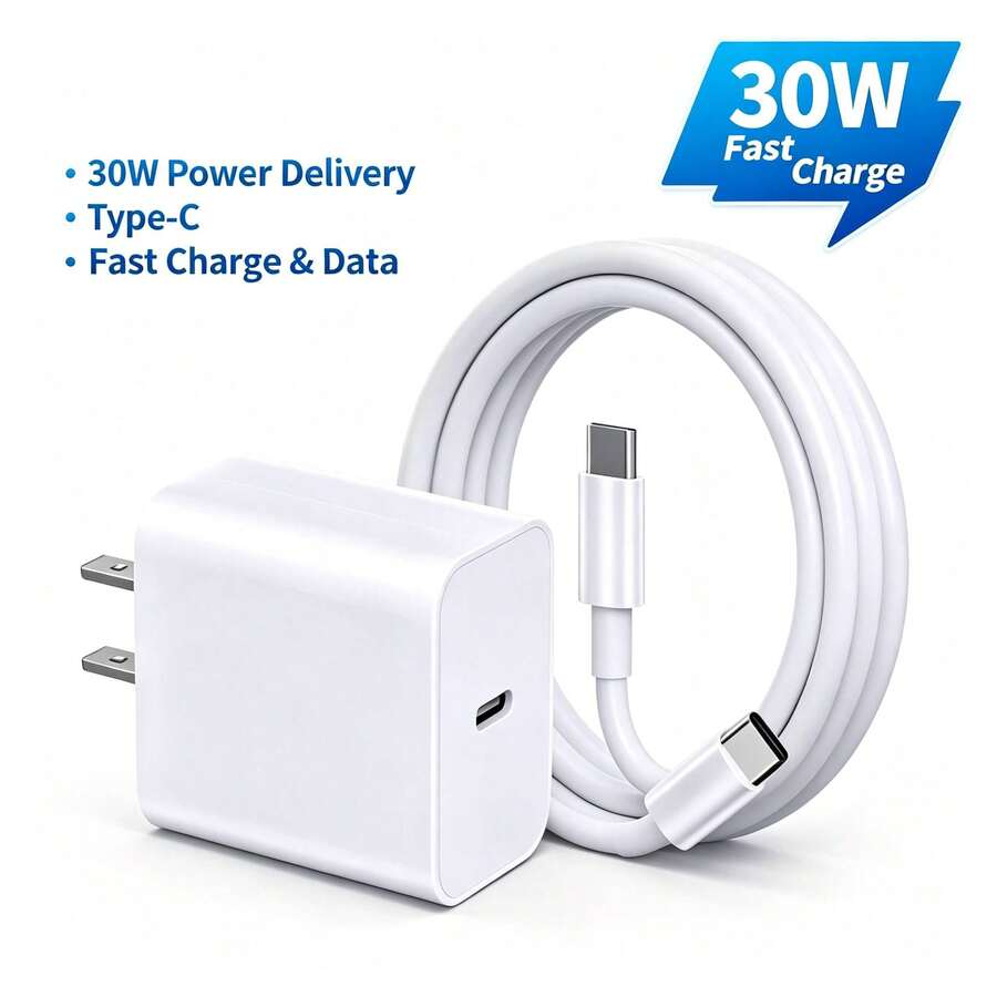 30W Portable Travel Wall Charger Adapter Set + 3.3ft/100cm USB-C To USB-C Fast Charging Cable, High Efficiency Data Transfer Cable, Compatible With IPhone, And All Type-C Devices - White - View 1