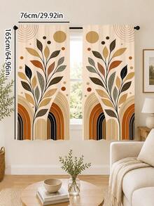 2Pcs Bohemian Autumn Leaf Arch Warm Brown Geometric Sun Polka Dot Print Pattern, Light Luxury Cozy Semi-Sheer Rod Pocket Window Curtains, Suitable For Living Room And Bedroom, Rod Not Included, Machine Washable - Warm Brown - View 13