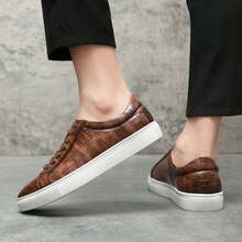 Men's Lace-Up Brown Crocodile Embossed Leather Sneakers With Clean Toe Shape, Well-Fitted Laces, Reinforced Perforations, Non-Slip Sole, Even Stitching, Suitable For Suits, Weddings, Banquets, Casual Wear - Brown - View 11