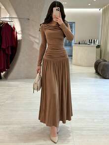 Women's Elegant Autumn Brown Long Sleeve Ruched Neck Asymmetric Pleated Knit A-Line Midi Skirt, Perfect For Daily Commute Wear - Brown - View 2
