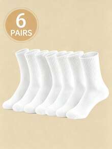 6 Pairs White High Elasticity Sports Socks, Mid-Calf Socks, Long Socks, Suitable For Daily Sports, Breathable And Moisture-Wicking Unisex Casual Socks, Back To School Essential Christmas Gift - White - View 8