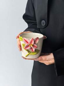 1pc Exquisite Hand-Sculpted Ceramic Coffee Mug, INS Style Highly Attractive 3D Embossed Pink Lily Coffee Cup, Aesthetic Healing Mug, Personalized Saudi National Day Gift, Ramadan, New Year Gift, Commercial Use - Multicolor - View 13