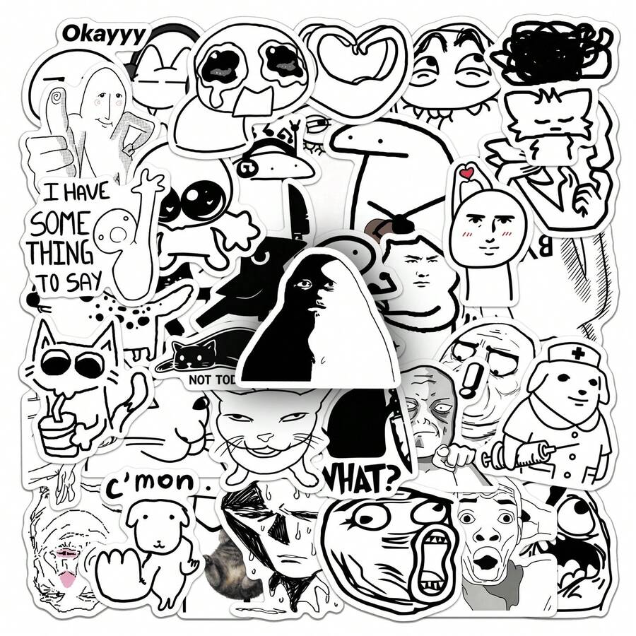 50Pcs Funny Black And White Meme Stickers Aesthetics Scrapbook Stickers Pack Comic Style Humor Work Stickers Vinly Waterproof Stickers For Water Bottle,Computer,Laptop,Phone,Luggage,Notebook,Fridge