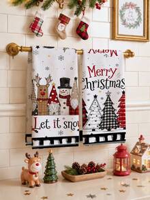 2pcs Christmas Cartoon Reindeer Snowman Christmas Tree Merry Christmas Illustration Pattern Kitchen Towels, Soft Polyester Material Dish Cloths, Suitable For Kitchen Decor, Kitchen Cleaning, Holiday Party Decoration, Kitchen Bathroom Supplies Home Essentials, Home Decor, Housewarming Gift - Multicolor - View 2
