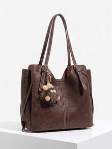 Tas jinjing wanita bergaya retro dengan satu bahu, dilengkapi detail pom-pom dan rumbai, terbuat dari kulit PU berwarna kopi, cocok untuk belanja sehari-hari. - Kopi - View 2