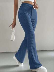 Women's Ribbed Knit Polyester Flare Leggings, Soft & Stretchy Long Pants, Fashionable & Comfortable - Navy Blue - View 1