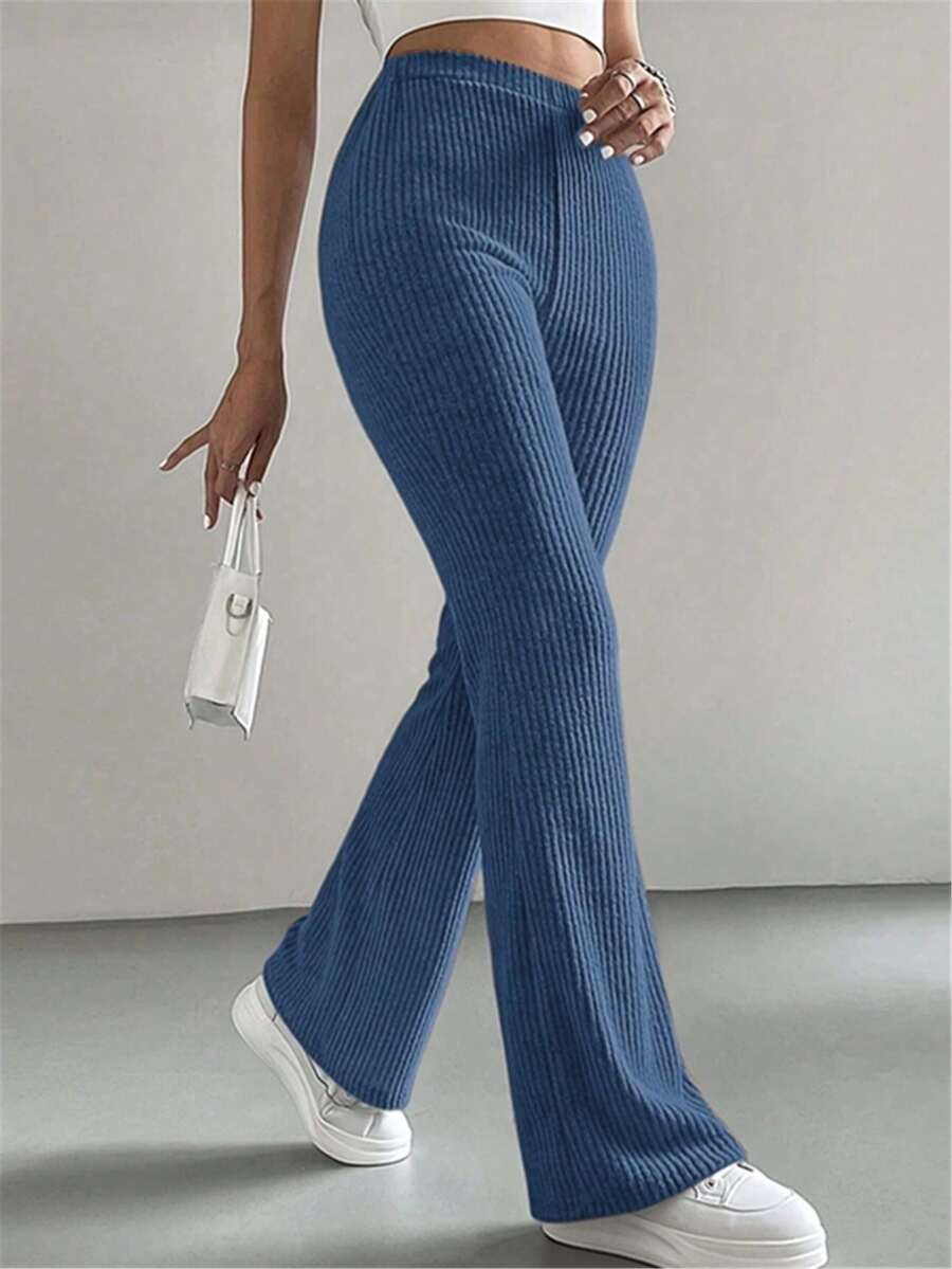 Women's Ribbed Knit Polyester Flare Leggings, Soft & Stretchy Long Pants, Fashionable & Comfortable - Navy Blue - View 1