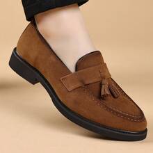 Men's Brown Suede Loafers With Tassel Decor, Elongated Toe, Contrast Stitching, Trimmed Edges, Low Heel, Premium Quality, Suitable For Suits, Weddings, Banquets, Casual Wear - Brown - View 8