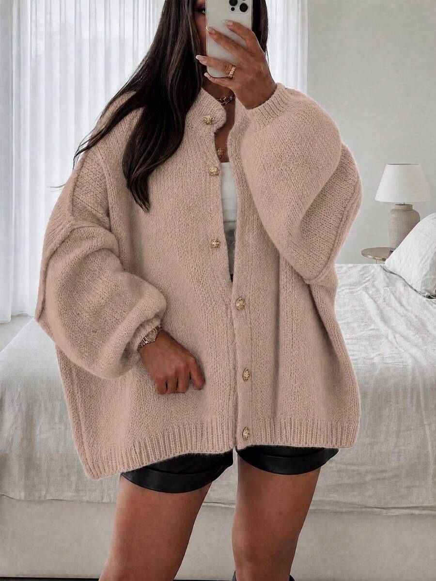 Joy Knit Women's Autumn/Winter Sweater Fashion New Style - Winter Sweater Cardigan Minimalist Versatile Loose Fit - Metal Button Knit Long Sleeve Cardigan - Beige - View 1