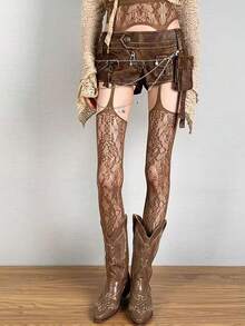1 Pair Women's Spring/Summer Thin Sexy Hollow Out Fishnet Tights, Versatile Party Pantyhose - Brown - View 6