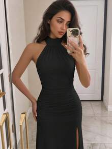 Black Elegant Sexy Minimalist Halter Neck Backless Maxi Dress, Lightweight Soft Fabric, Suitable For Daily Wear, Beach Vacation, Summer Holiday, Casual Outings - Black - View 8