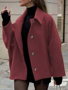 女款秋冬純色前開鈕扣蝙蝠袖外套，領口設計，蝙蝠長袖，標準長度，無彈力面料 - 酒紅色 - 查看 5