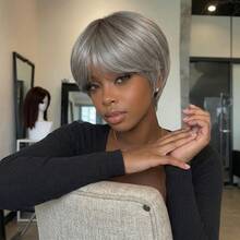Beaushine Chocolate Brown Pixie Cut Wig Human Hair Straight Bob Glueless Wig 6 Inch Pixie Cut Wig Short Layered Wig Rose Net Cap Brazilian Virgin Human Hair For Daily Use - SGray - View 5