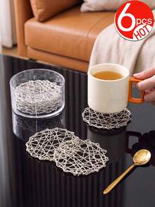 6pcs Shiny Gold Hollow Woven Placemats, PVC Material Round Coffee Cup Coasters, Washable, Easy To Clean, Wipeable, Non-Slip, Heat Resistant, For Room Decor, Home Dining Table Decor, Home Decor, Suitable For Holidays, Parties, Birthdays, Weddings And Dinner Parties - Multicolor - View 9