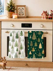 2pcs Christmas Green & Gold Christmas Tree Pattern Kitchen Towels, Soft Polyester Dish Cloths, Suitable For Kitchen Decor, Kitchen Cleaning, Holiday Party Decoration, Kitchen & Bathroom Supplies Home Essentials, Home Decor, Housewarming Gift - Multicolor - View 7