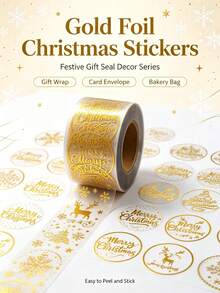1000PCS/2ROLL Gold Foil Merry Christmas Round Stickers Roll, Self‑Adhesive Labels For Gift Sealing Decor - Multicolor - View 5