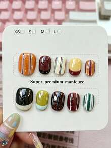 10pcs Pure Handmade Short Oval Press On Nails, Fresh Minimalist Style, Multi Retro Warm Tone Mixed Color With Stripe And Color Block Design For Women And Girls Spring Summer Autumn Winter Festivals Party And Daily Life Use - Multicolor - View 1