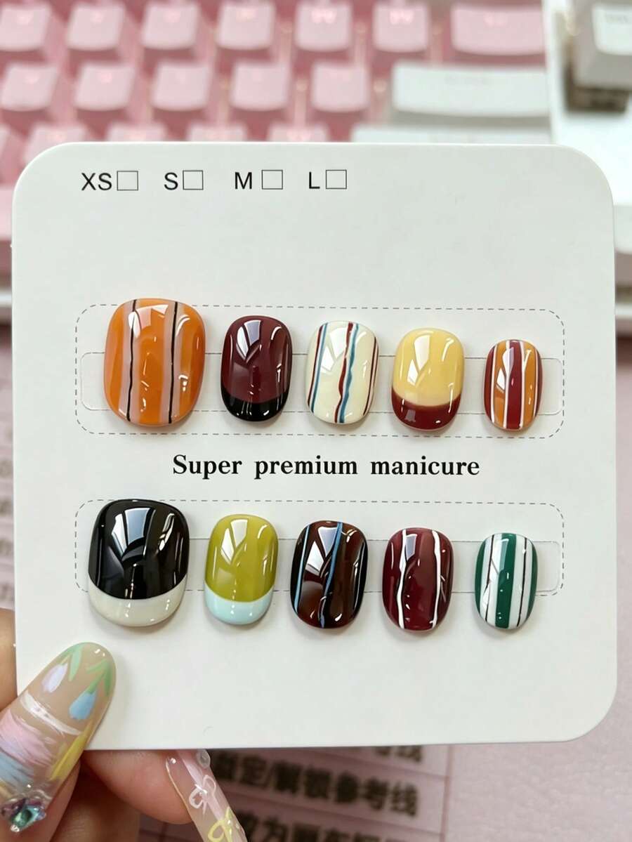 10pcs Pure Handmade Short Oval Press On Nails, Fresh Minimalist Style, Multi Retro Warm Tone Mixed Color With Stripe And Color Block Design For Women And Girls Spring Summer Autumn Winter Festivals Party And Daily Life Use - Multicolor - View 1