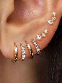 6pcs Simple Copper Zirconia Hoop Earrings Set For Women, Couples, Sisters, Vacation, Date, Gift, Daily Wear - Yellow Gold - View 8