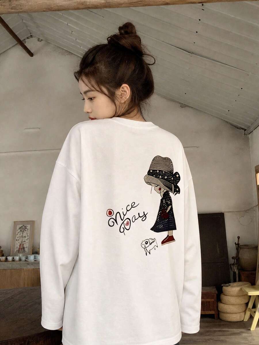 Women's Fashion Autumn/Winter Loose Versatile Letter & Cartoon Print Long Sleeve T-Shirt - White - View 1