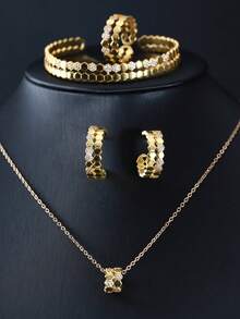 4pcs/Set Perhiasan Emas Bentuk Segi Enam Sarang Lebah dengan Inlay Zirkonia Kubik untuk Wanita, Terdiri dari Anting, Gelang, Cincin, dan Kalung, Cocok untuk Pesta. - Emas - View 2