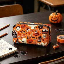 Fun Halloween Pattern Multi-Function Storage Bag, Portable Storage Pouch, Student Desk Stationery Pencil Case, Holiday Gift - Orange - View 5
