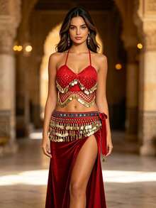 Hollow Mesh Gold Coin Halter Top With Gemstone Decor, Tie Waist Coin Belt, Carnival Party Stage Dance Costume - Multicolor - View 3