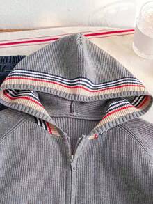Boys' Preppy Colorblock Striped Hooded Cardigan Sweater, Knit, Suitable For School, Spring, Autumn, Winter - Grey - View 5