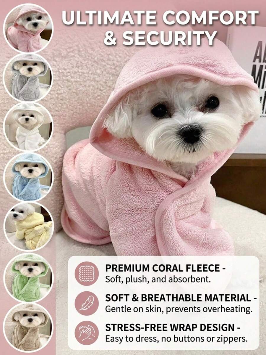 1pc Soft Plush Absorbent Pet Bathrobe, Solid Color Hooded Dog Bath Towel With Adjustable Waist Belt, Full Coverage Puppy Drying Robe, Suitable For Small And Medium Dogs Grooming And Bathing, Teddy Schnauzer Pajama Coat, Cat Wrap Blanket Clothing - Multicolor - View 1
