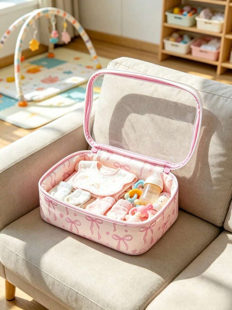Pink Bow Print Clear Window Storage Pouch, Zipper Portable Nursery Organizer Bag, Waterproof Lightweight Case For Baby Garments & Small Supplies - Multicolor - View 1