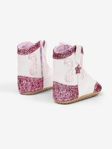 yibubu Pink Infant Shoes,Infant Girl Shoes,Pink And White Interspersed,Cute Star Design,Simplement And Fashionable,Slip-Resistant Sole,Warm Infant Boots - Pink - View 4